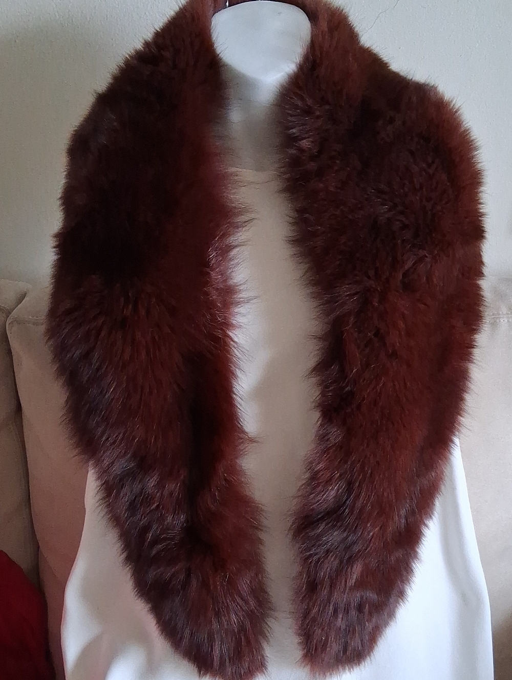 Vintage Long Plush Burgundy Real Fox Fur Wrap Scarf Collar - Women Accessories